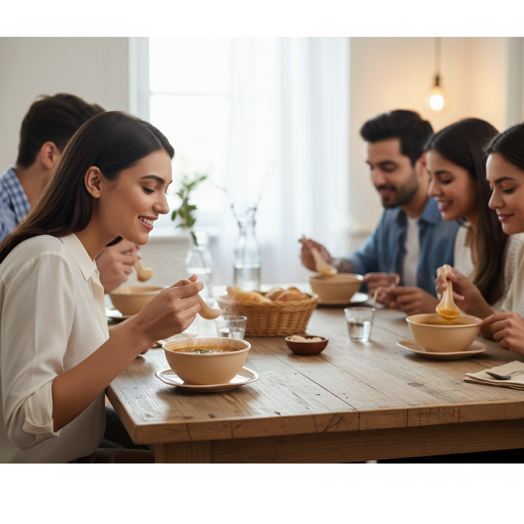 Gluman 18 Pcs Round Soup Bowl Set | 6 Bowls, 6 Spoons & 6 Dishes | Microwave Safe |Beige