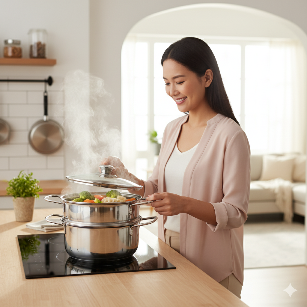 Stainless Steel 2-Tier Steamer Tri-Ply | Induction Base & Glass Lid