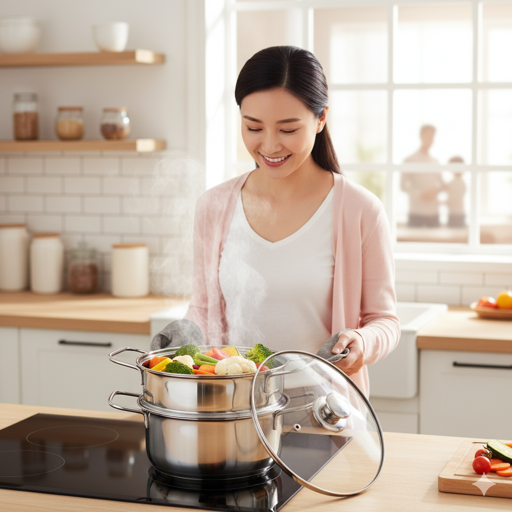 Stainless Steel 2-Tier Steamer Tri-Ply | Induction Base & Glass Lid