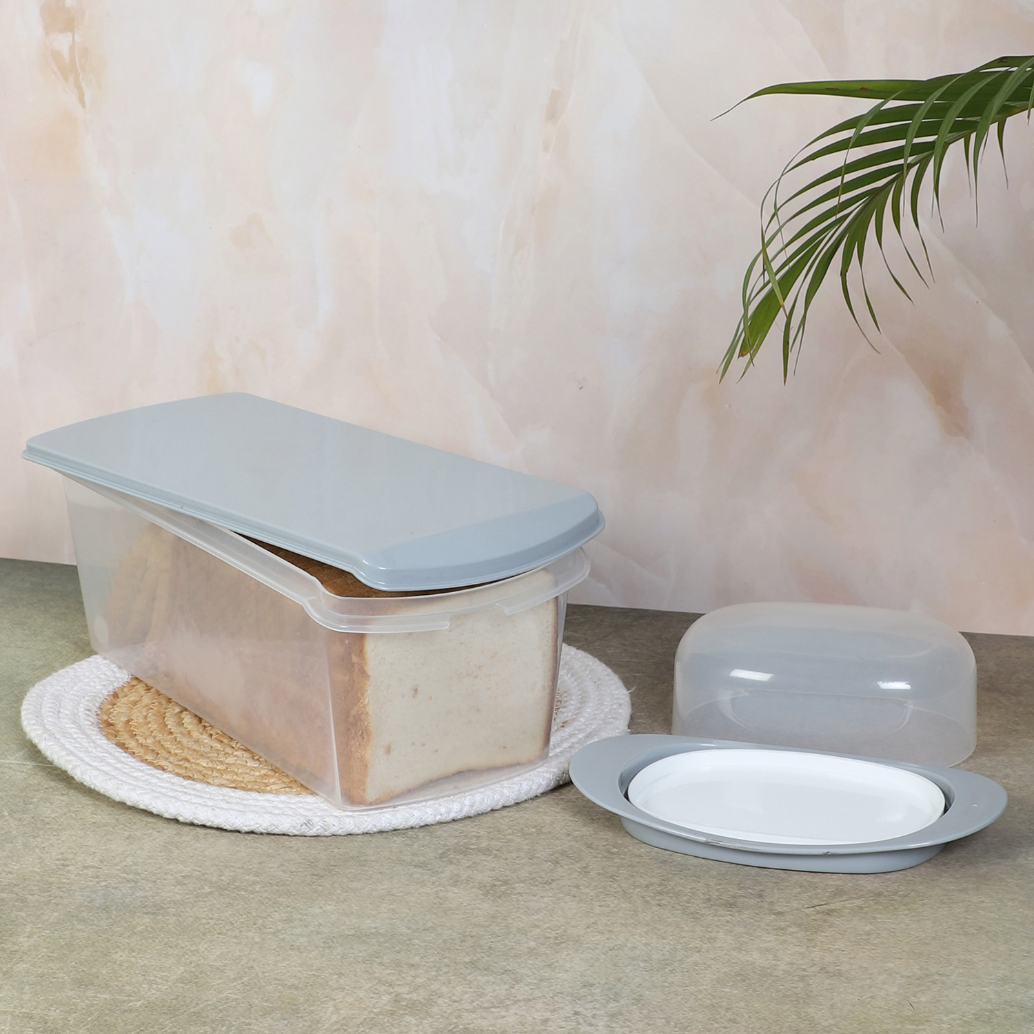 2-in-1 Airtight Bread Box & Butter Dish Organizer Set (Grey)