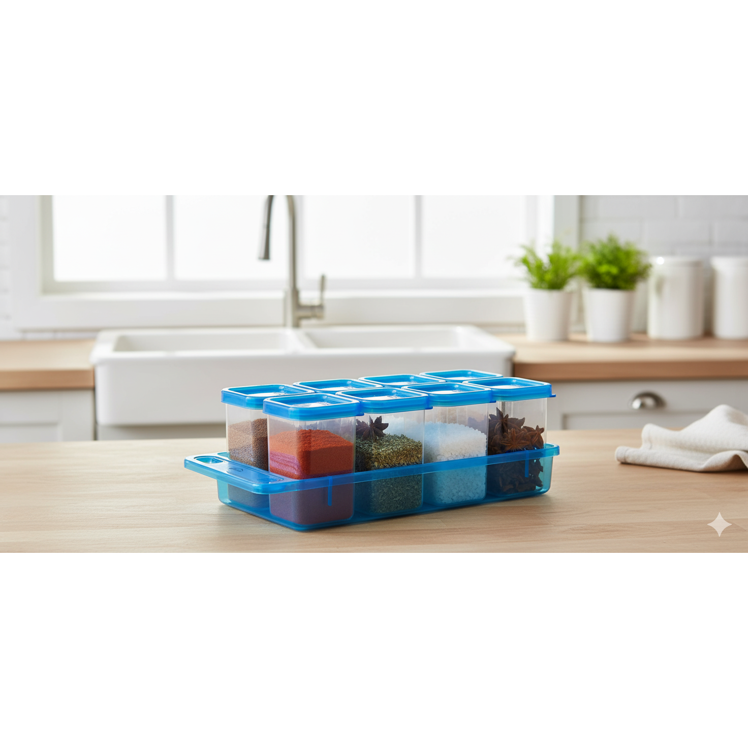 Malsala Container 100% Food Grade Plastic Set with Organizer Tray & Spoons (Blue)