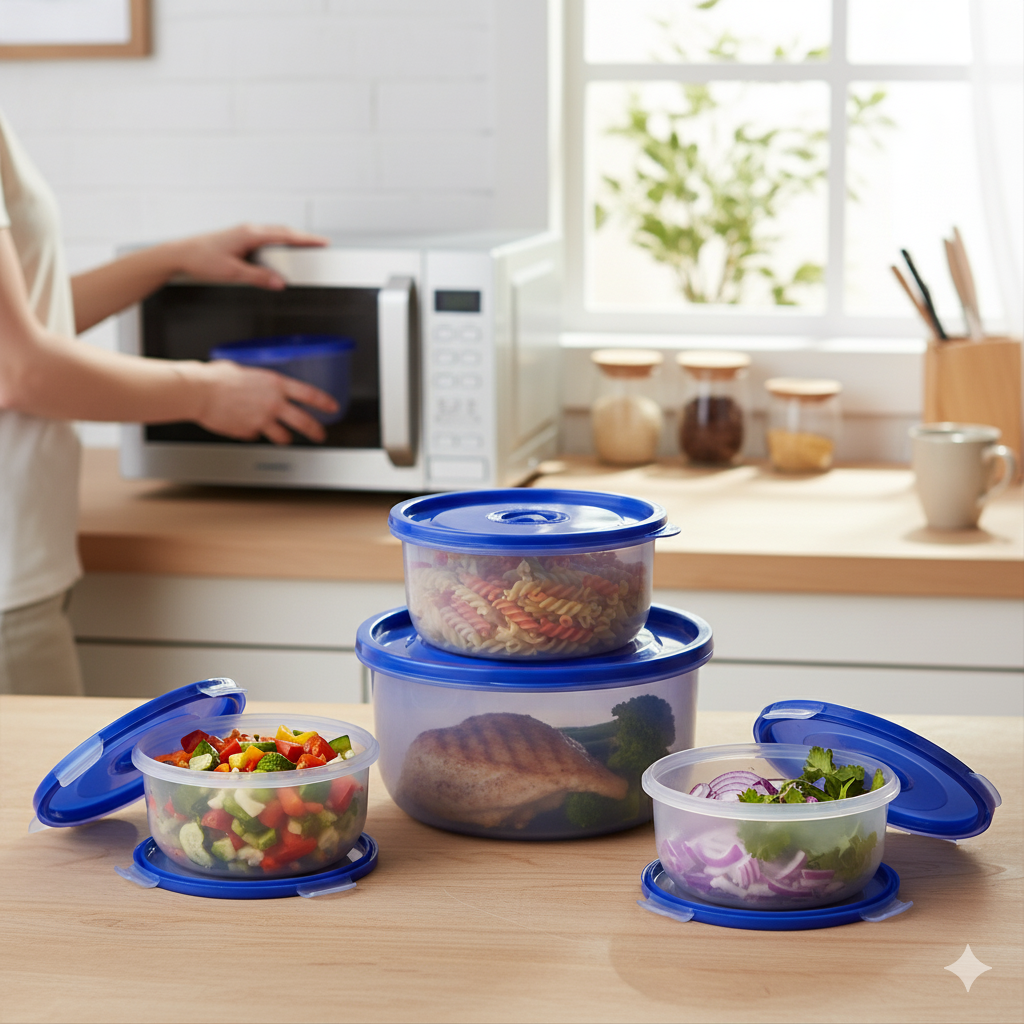 Microvent 4-Piece Food Container Set | 100% Food Grade, Steam Vented (Blue)