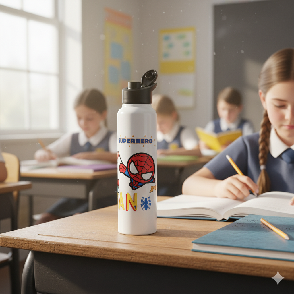 Steel Water Bottle 1000ml | Single Wall, Wide Mouth & Leakproof (Spiderman)