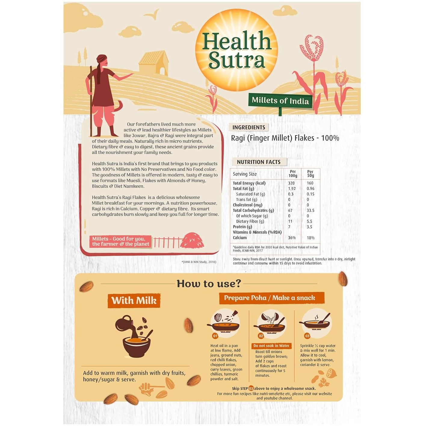Health Sutra Ragi Flakes 500g | Gluten Free, Calcium & Fibre Rich Breakfast
