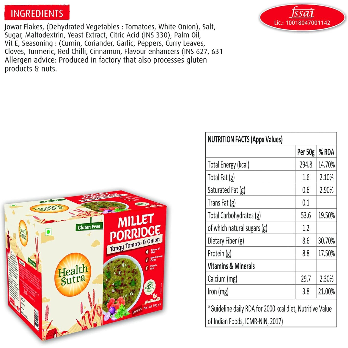 Health Sutra Instant Millet Porridge, Tangy Tomato and Onion, 8x50g