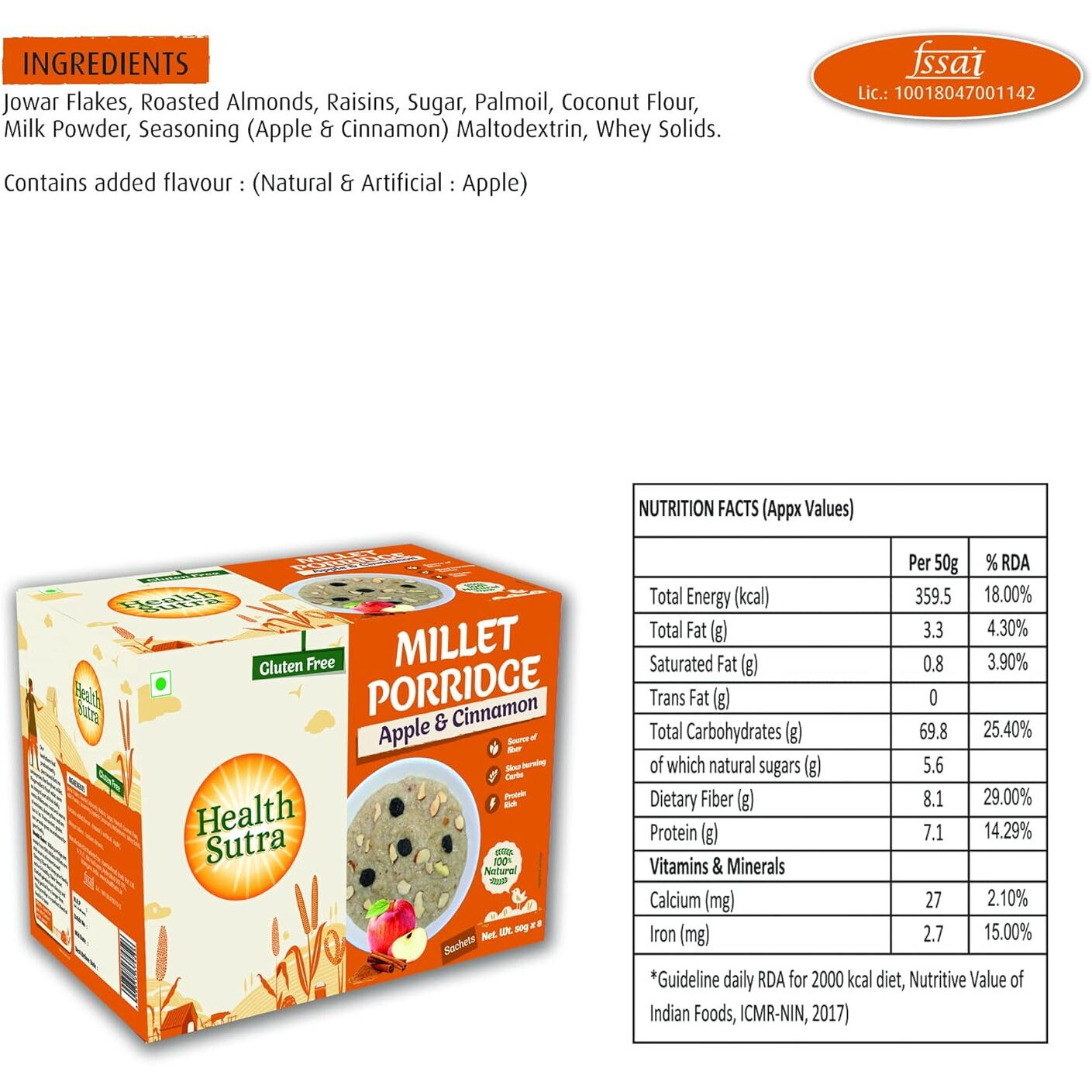 Health Sutra Instant Jowar Porridge, Apple and Cinnamon, 8x50g