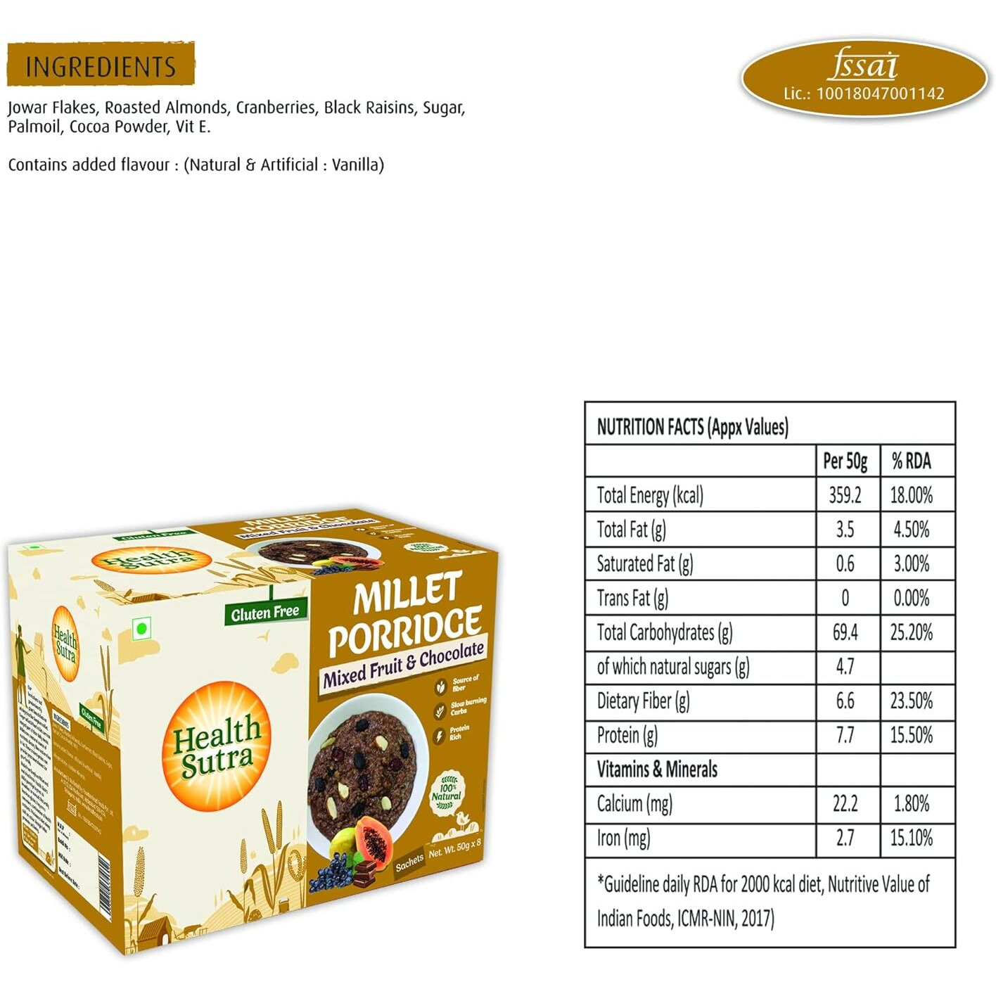 Health Sutra Instant Millet Porridge, Mixed Fruit and Chocolate, 8x50g