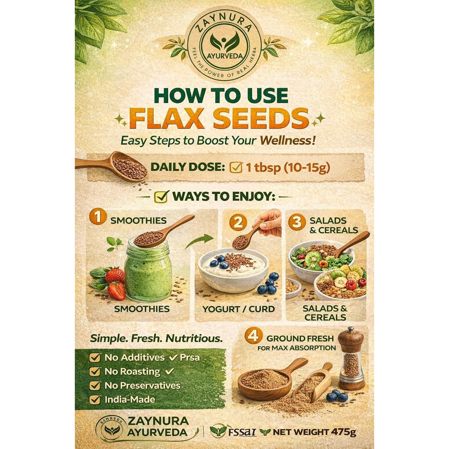 Zaynura Flax Seeds (Alsi) 475g | Omega-3 & Fiber Rich | Raw, Clean & Unpolished | Gut, Heart & Hormone Friendly | Daily Wellness Seeds