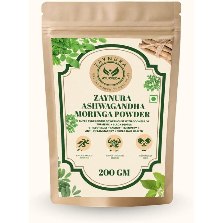 ZAYNURA AYURVEDA| Ashwagandha Moringa Powder | Stress Relief & Energy Booster | Superfood Blend for Immunity, Detox & Skin Health | Rich in Antioxidants | 100% Natural, Vegan & Non-GMO | 200g Pouch
