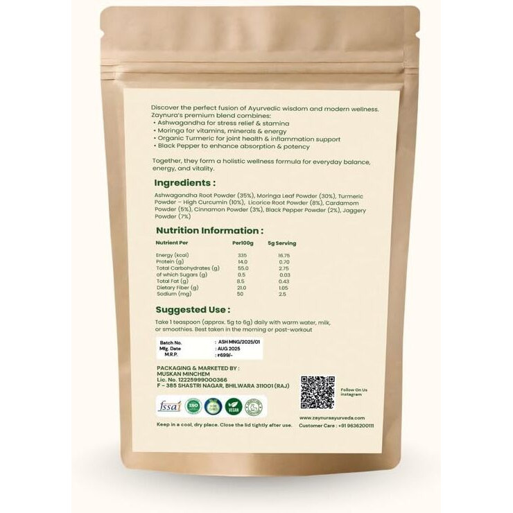 ZAYNURA AYURVEDA| Ashwagandha Moringa Powder | Stress Relief & Energy Booster | Superfood Blend for Immunity, Detox & Skin Health | Rich in Antioxidants | 100% Natural, Vegan & Non-GMO | 200g Pouch