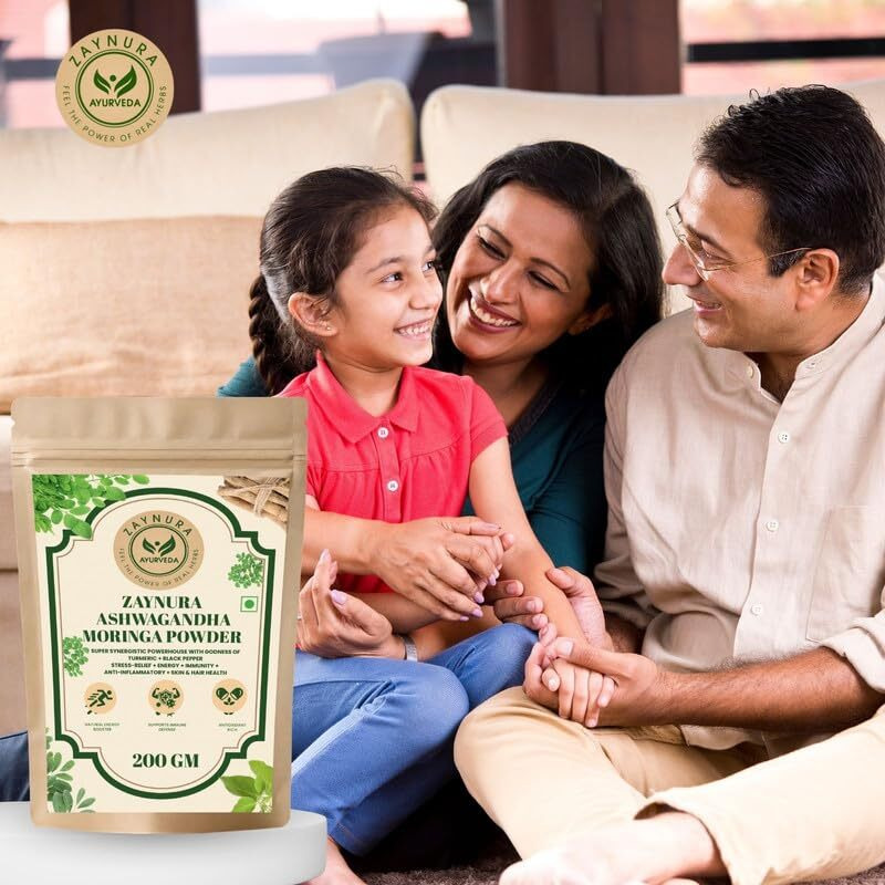 ZAYNURA AYURVEDA| Ashwagandha Moringa Powder | Stress Relief & Energy Booster | Superfood Blend for Immunity, Detox & Skin Health | Rich in Antioxidants | 100% Natural, Vegan & Non-GMO | 200g Pouch