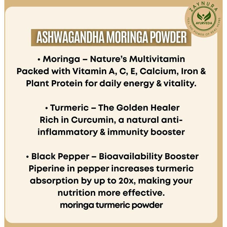 ZAYNURA AYURVEDA| Ashwagandha Moringa Powder | Stress Relief & Energy Booster | Superfood Blend for Immunity, Detox & Skin Health | Rich in Antioxidants | 100% Natural, Vegan & Non-GMO | 200g Pouch