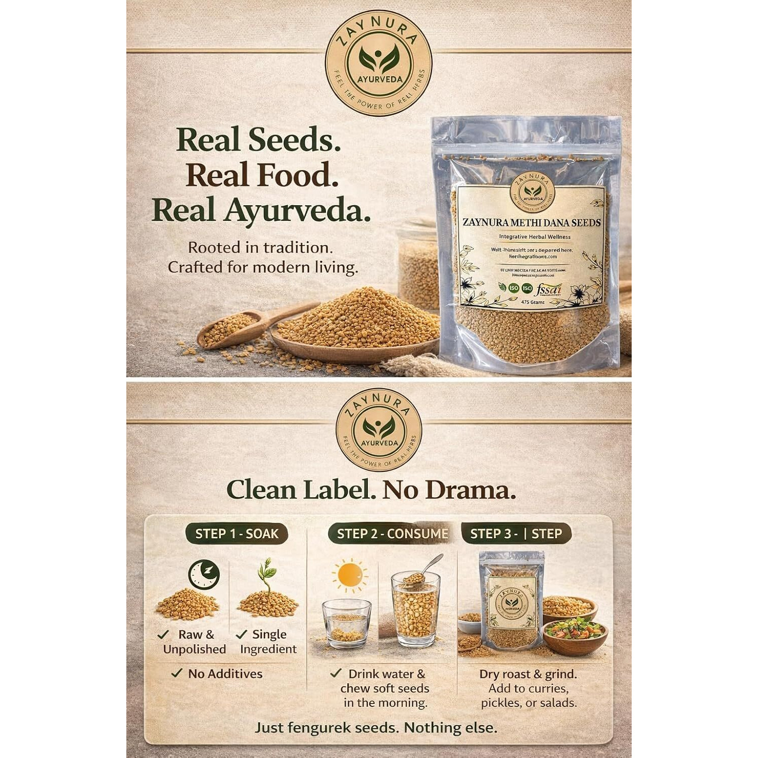 ZAYNURA Methi Dana Seeds (Fenugreek) | Raw, Unpolished & Nutrient-Rich | High Fiber, Protein & Iron | For Daily Wellness, Digestion & Traditional Use Premium Methi Seeds for Diabetes Control & Weight Loss  / Skin & Hair Health | Rich in Fiber & Antioxidants | weight loss support | 475 grams