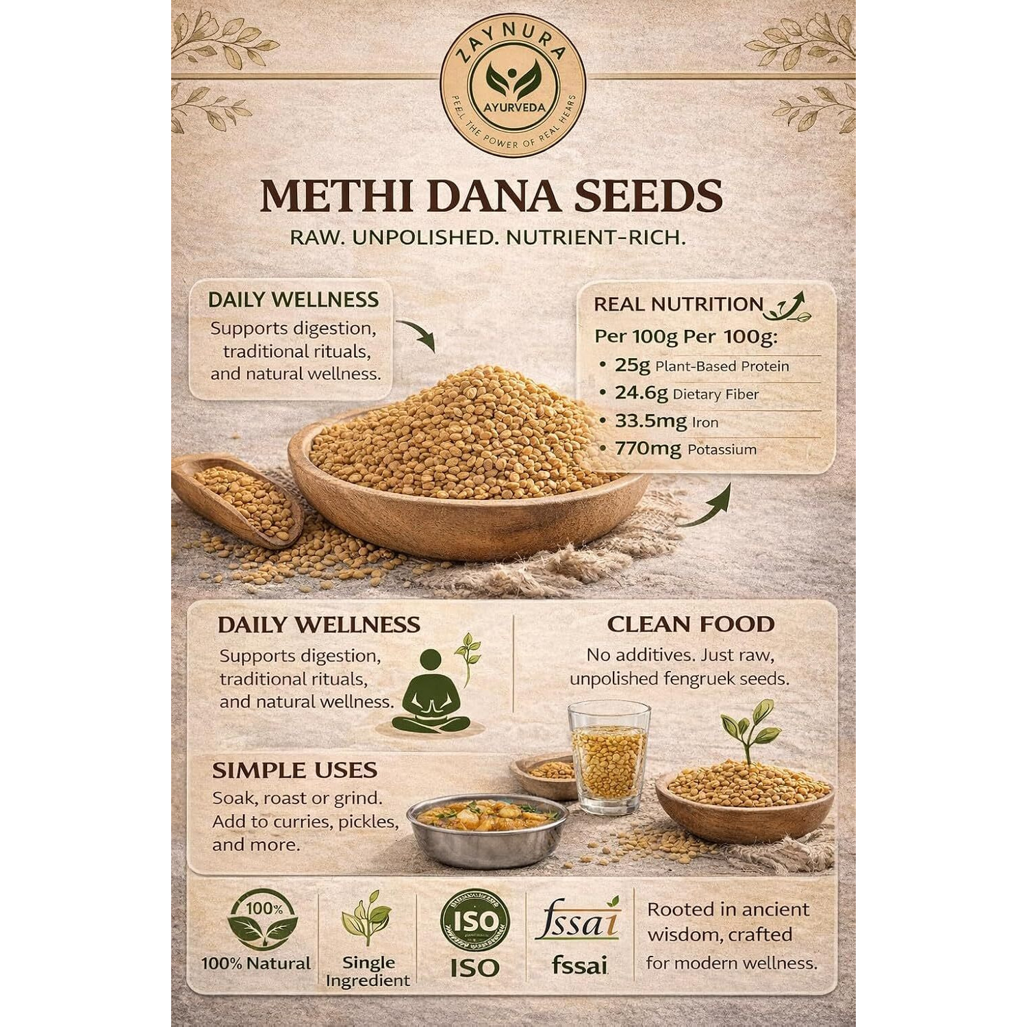 ZAYNURA Methi Dana Seeds (Fenugreek) | Raw, Unpolished & Nutrient-Rich | High Fiber, Protein & Iron | For Daily Wellness, Digestion & Traditional Use Premium Methi Seeds for Diabetes Control & Weight Loss  / Skin & Hair Health | Rich in Fiber & Antioxidants | weight loss support | 475 grams