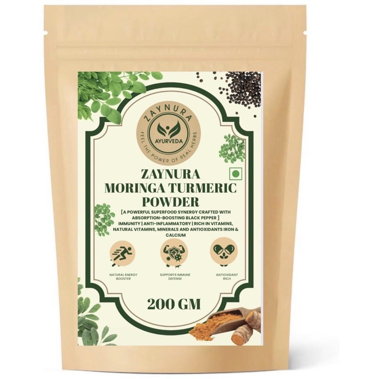 Zaynura Moringa Turmeric Powder with Black Pepper 200g | Organic Ayurvedic Immunity Booster | Antioxidant Rich Superfood Blend | Natural Anti-Inflammatory Herbal Powder for Energy, Joint & Daily Wellness