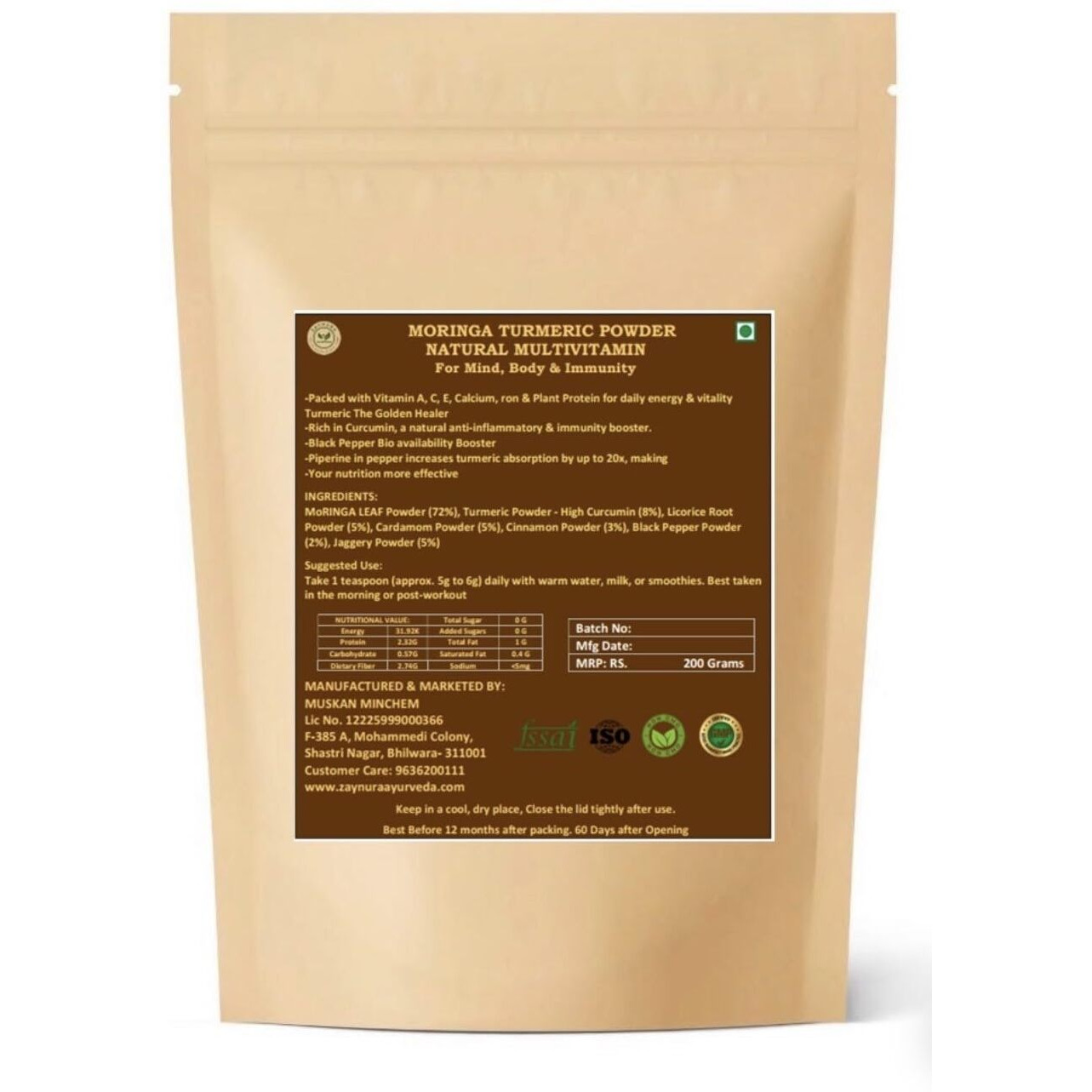 Zaynura Moringa Turmeric Powder with Black Pepper 200g | Organic Ayurvedic Immunity Booster | Antioxidant Rich Superfood Blend | Natural Anti-Inflammatory Herbal Powder for Energy, Joint & Daily Wellness