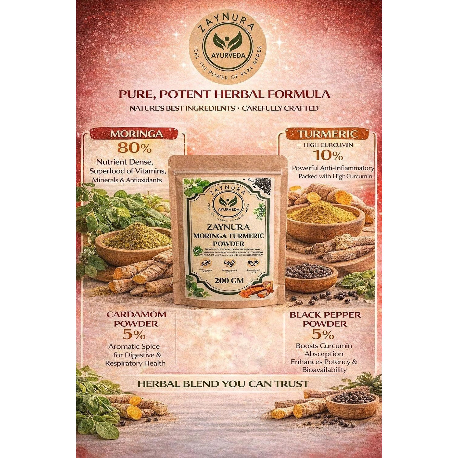 Zaynura Moringa Turmeric Powder with Black Pepper 200g | Organic Ayurvedic Immunity Booster | Antioxidant Rich Superfood Blend | Natural Anti-Inflammatory Herbal Powder for Energy, Joint & Daily Wellness
