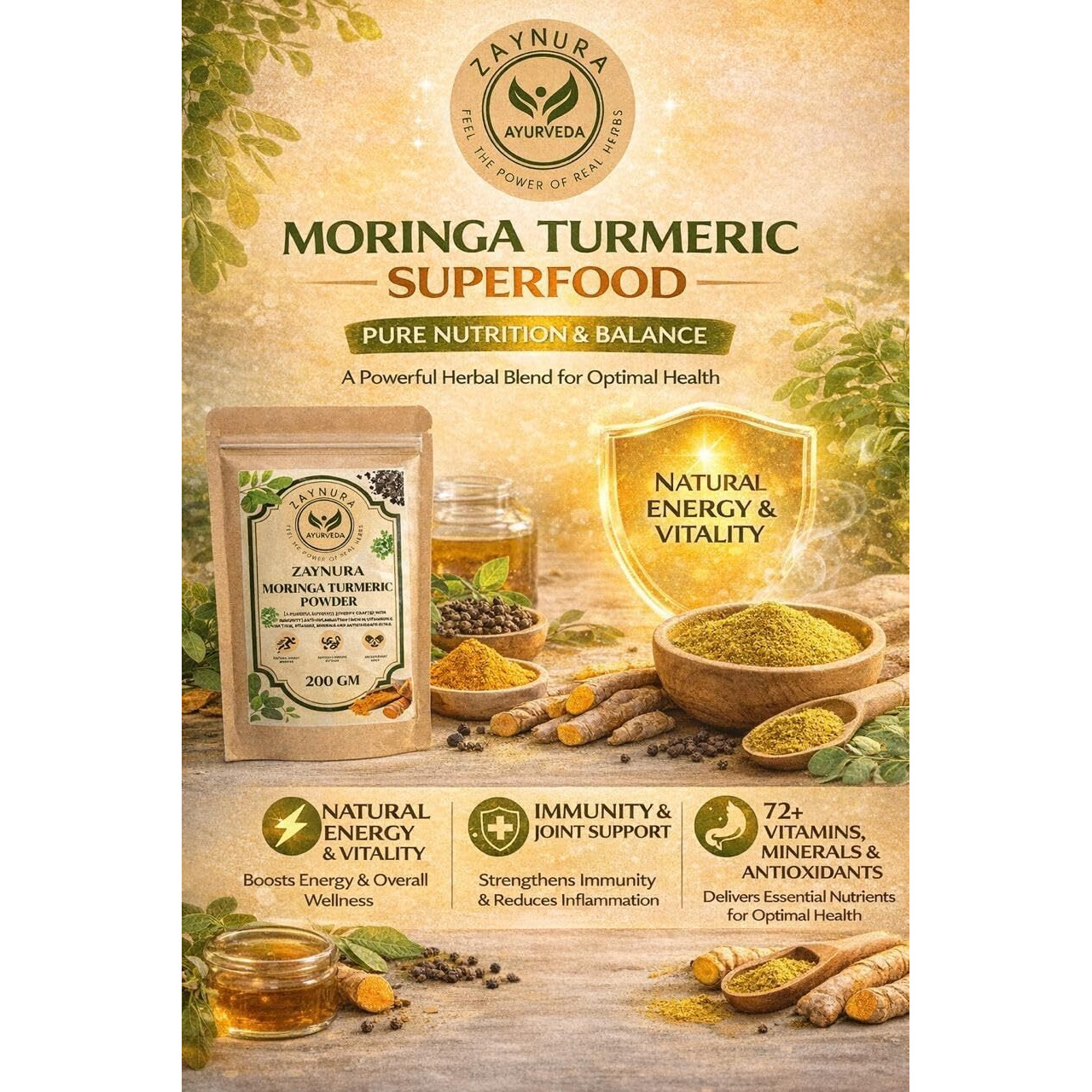 Zaynura Moringa Turmeric Powder with Black Pepper 200g | Organic Ayurvedic Immunity Booster | Antioxidant Rich Superfood Blend | Natural Anti-Inflammatory Herbal Powder for Energy, Joint & Daily Wellness