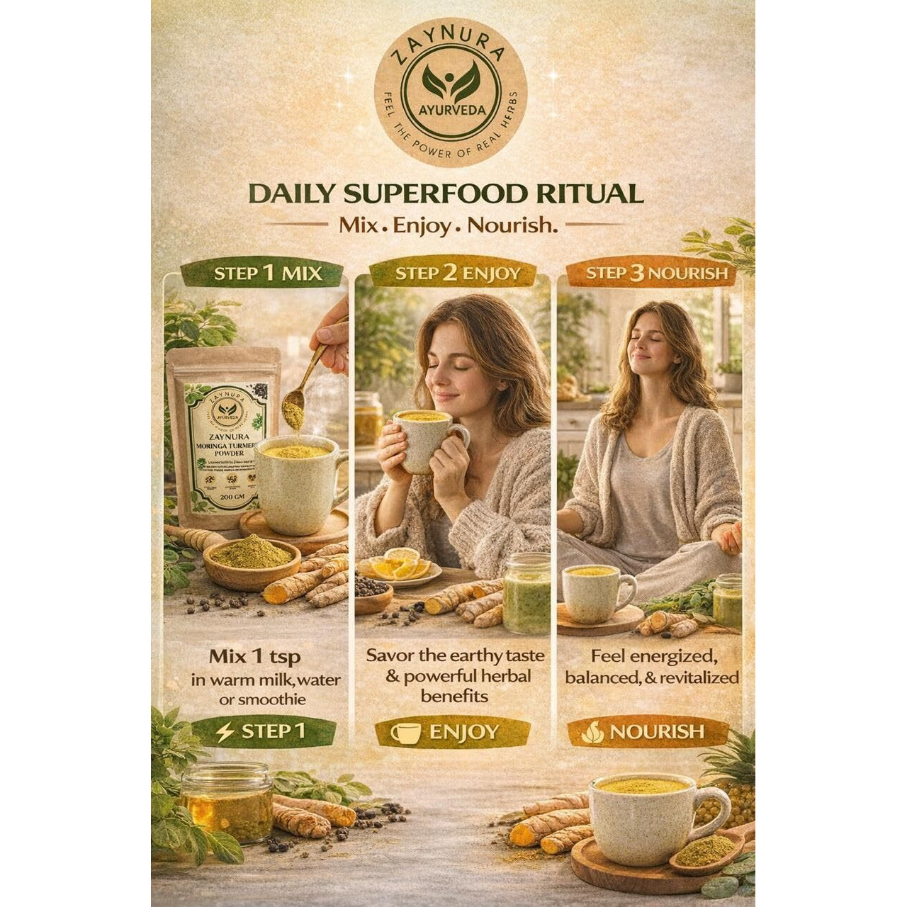 Zaynura Moringa Turmeric Powder with Black Pepper 200g | Organic Ayurvedic Immunity Booster | Antioxidant Rich Superfood Blend | Natural Anti-Inflammatory Herbal Powder for Energy, Joint & Daily Wellness