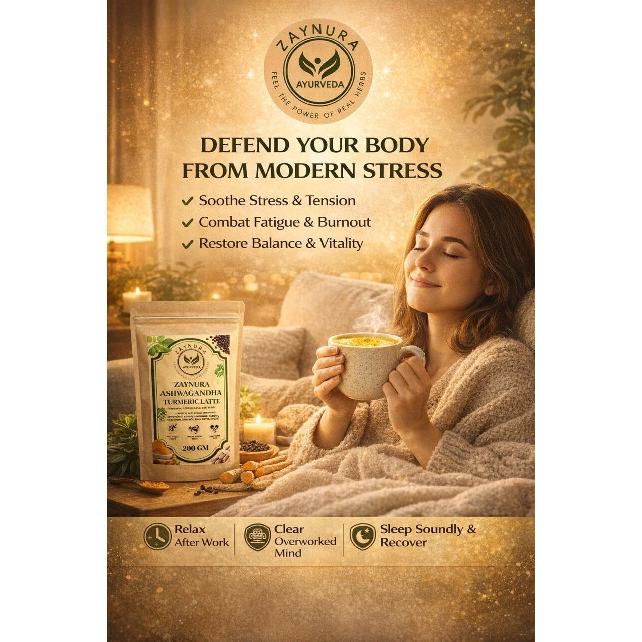 Zaynura Ashwagandha Turmeric Latte Powder 200g | Golden Milk Mix with Ashwagandha, Haldi, Black Pepper | Immunity Booster | Stress Relief | Anti-Inflammatory Herbal Drink | Ayurvedic Latte Blend