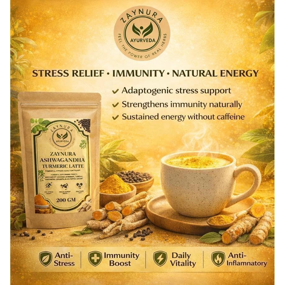Zaynura Ashwagandha Turmeric Latte Powder 200g | Golden Milk Mix with Ashwagandha, Haldi, Black Pepper | Immunity Booster | Stress Relief | Anti-Inflammatory Herbal Drink | Ayurvedic Latte Blend