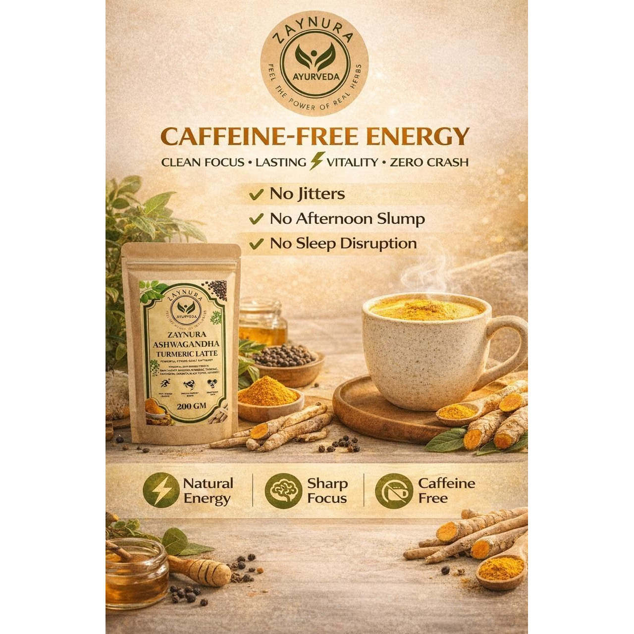 Zaynura Ashwagandha Turmeric Latte Powder 200g | Golden Milk Mix with Ashwagandha, Haldi, Black Pepper | Immunity Booster | Stress Relief | Anti-Inflammatory Herbal Drink | Ayurvedic Latte Blend