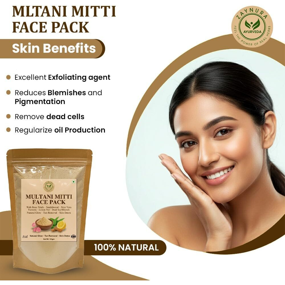 Zaynura Multani Mitti Face Pack | Mulltani Powder Organic | Natural, Rose Petal, Sandalwood, Aloe Vera & Turmeric| BEST Ayurvedic HERBAL Skin Detox, Oil Control & Acne Care |Deep Cleansing & Tan Removal | FULLERS EARTH | DIY MULTANI MITTI FACE PACK | 100% Herbal Face Mask for MEN WOMEN All Skin Types(250g)