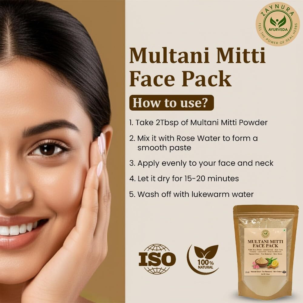 Zaynura Multani Mitti Face Pack | Mulltani Powder Organic | Natural, Rose Petal, Sandalwood, Aloe Vera & Turmeric| BEST Ayurvedic HERBAL Skin Detox, Oil Control & Acne Care |Deep Cleansing & Tan Removal | FULLERS EARTH | DIY MULTANI MITTI FACE PACK | 100% Herbal Face Mask for MEN WOMEN All Skin Types(250g)