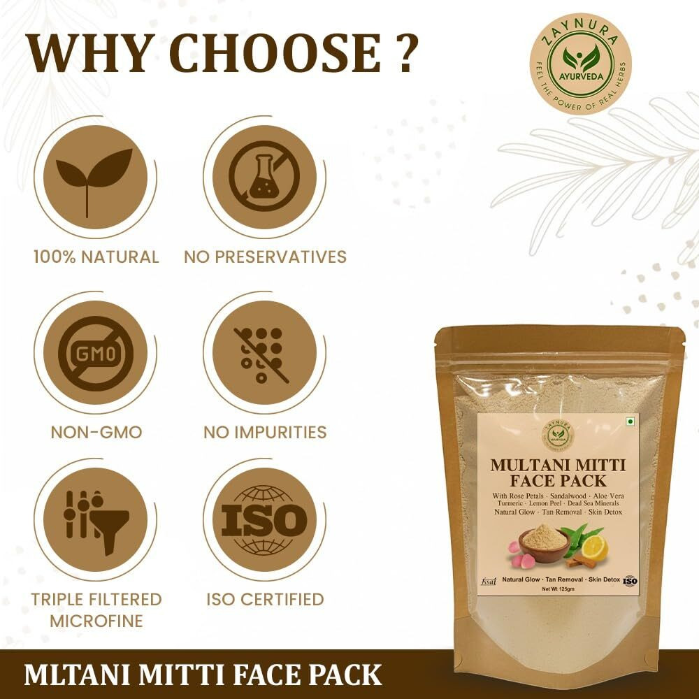 Zaynura Multani Mitti Face Pack | Mulltani Powder Organic | Natural, Rose Petal, Sandalwood, Aloe Vera & Turmeric| BEST Ayurvedic HERBAL Skin Detox, Oil Control & Acne Care |Deep Cleansing & Tan Removal | FULLERS EARTH | DIY MULTANI MITTI FACE PACK | 100% Herbal Face Mask for MEN WOMEN All Skin Types(250g)