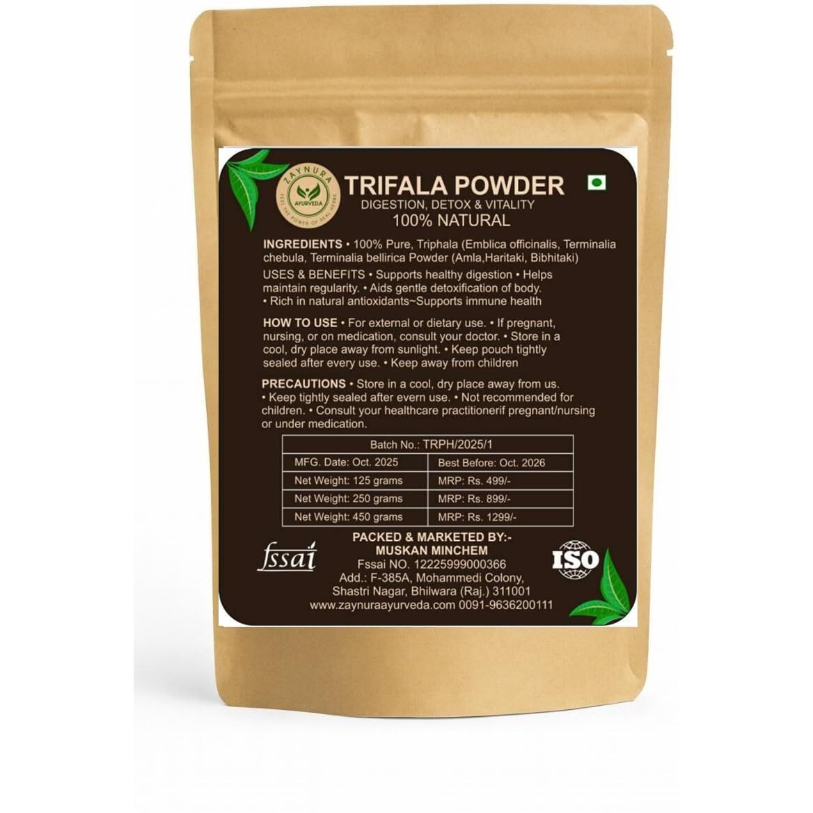 ZAYNURA AYURVEDA Triphala Powder | 100% Pure & Natural Herbal Supplement | Supports Digestion, Detox, Weight Balance & Immunity | Rich in Antioxidants (125g)*