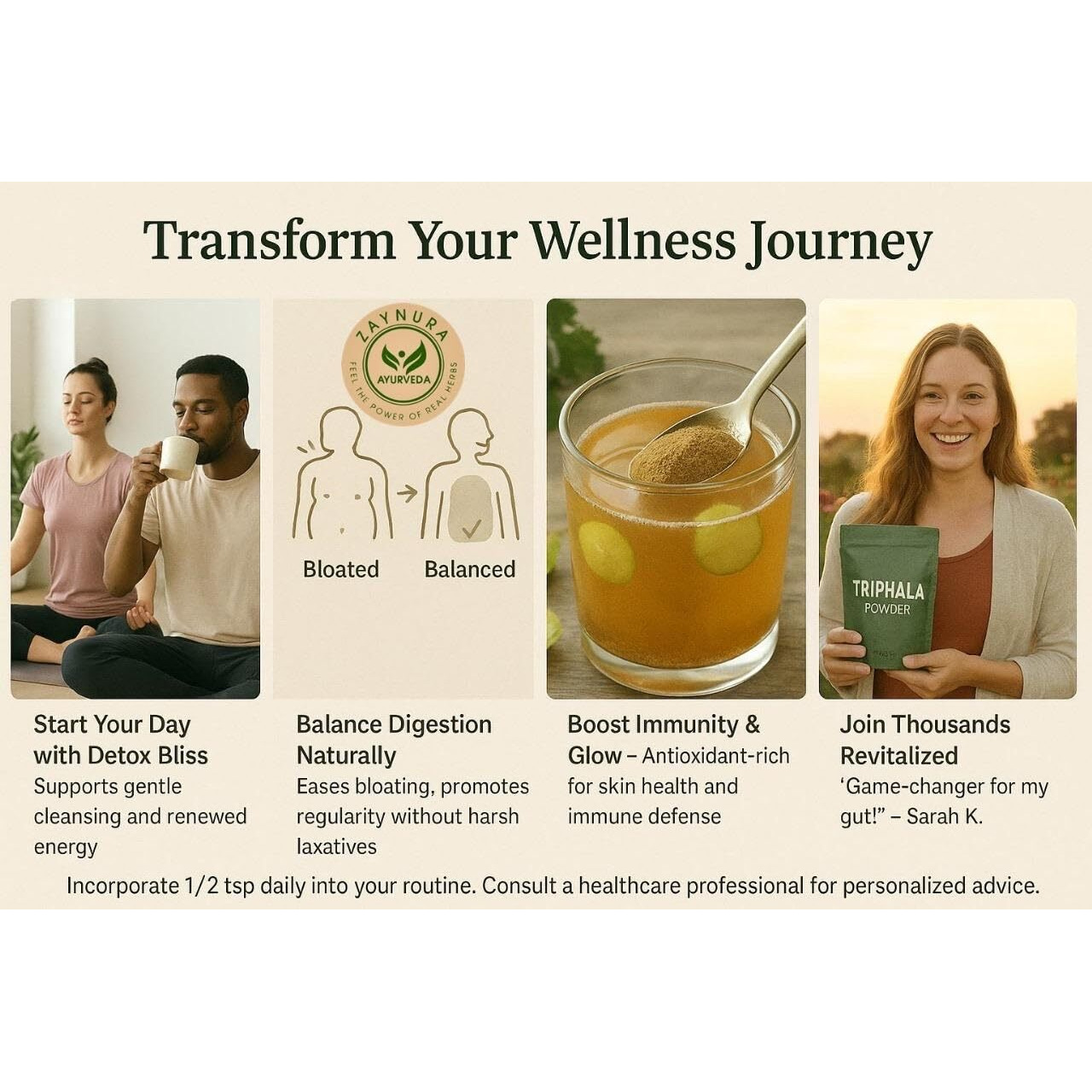 ZAYNURA AYURVEDA Triphala Powder | 100% Pure & Natural Herbal Supplement | Supports Digestion, Detox, Weight Balance & Immunity | Rich in Antioxidants (125g)*