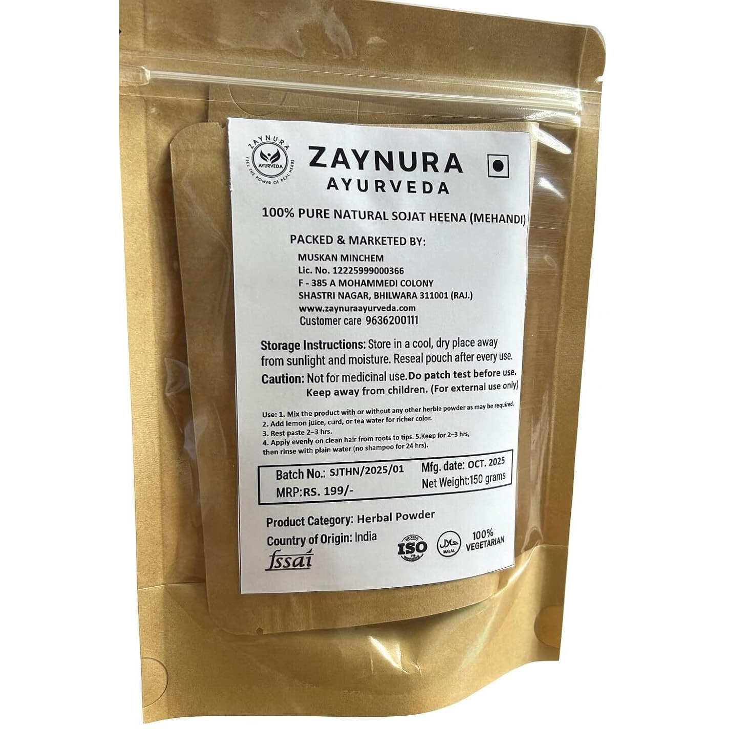 ZAYNURA AYURVEDA Sojat Henna Powder | 100% Pure & Natural Mehandi | Ultra-Filtered High Lawsone Content for Rich, Dark & Long-Lasting Hair Color | Chemical-Free Herbal Hair Care | 125g