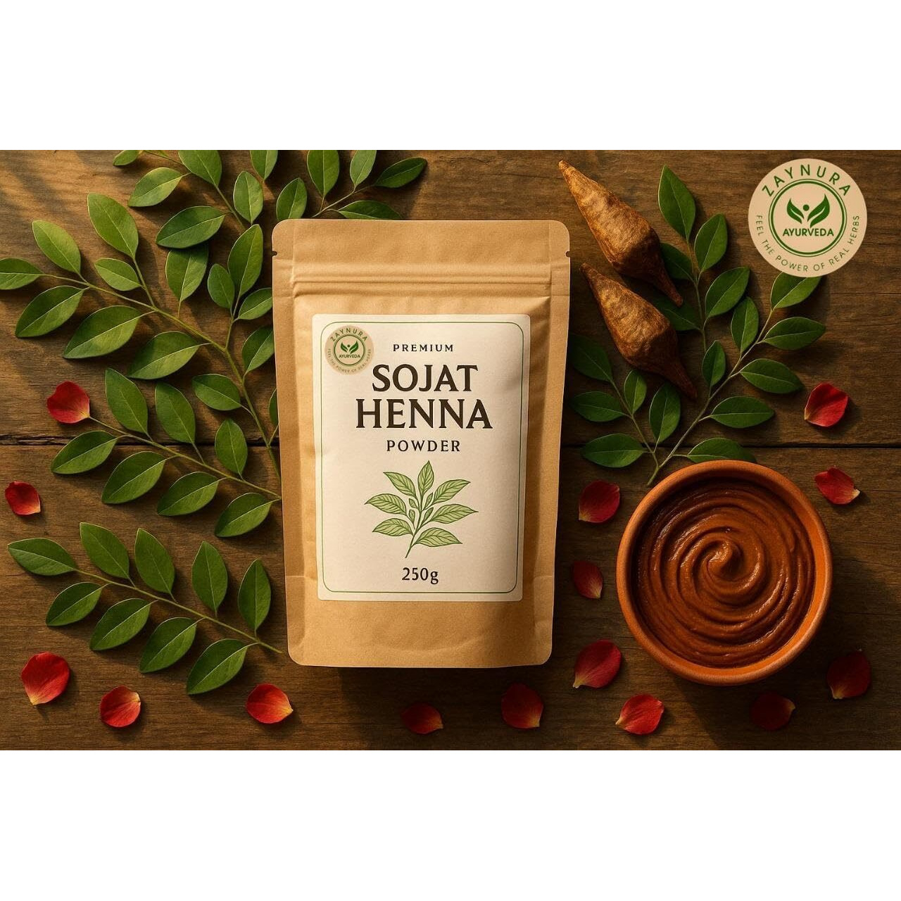ZAYNURA AYURVEDA Sojat Henna Powder | 100% Pure & Natural Mehandi | Ultra-Filtered High Lawsone Content for Rich, Dark & Long-Lasting Hair Color | Chemical-Free Herbal Hair Care | 125g