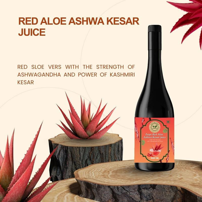 Zaynura Ayurveda Red Aloe Ashwa Kesar Juice | Rare Red Aloe Therapeutic Detox | Stress Relief & Metabolic Balance | Premium Herbal Wellness Juice | 900 ml