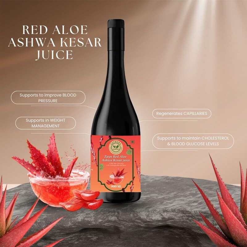 Zaynura Ayurveda Red Aloe Ashwa Kesar Juice | Rare Red Aloe Therapeutic Detox | Stress Relief & Metabolic Balance | Premium Herbal Wellness Juice | 900 ml