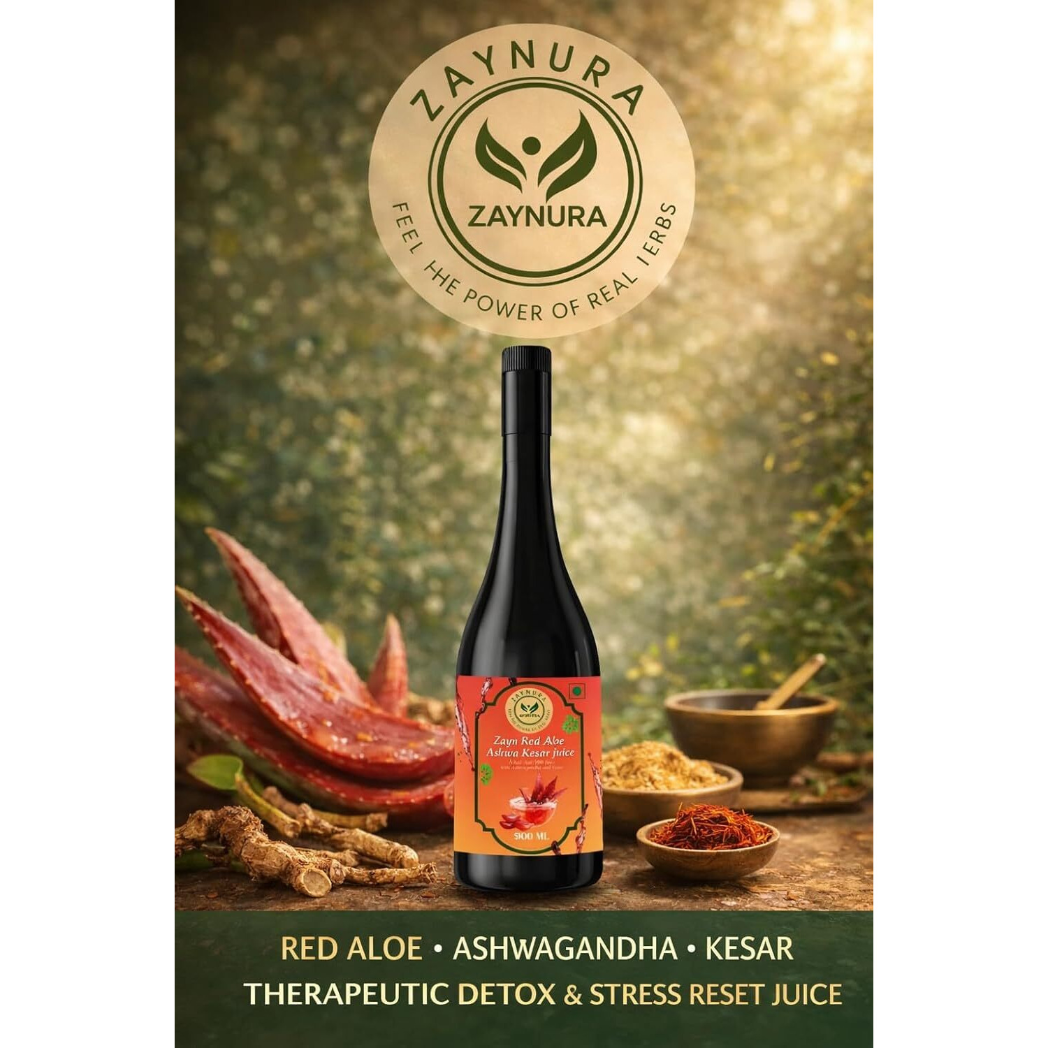 Zaynura Ayurveda Red Aloe Ashwa Kesar Juice | Rare Red Aloe Therapeutic Detox | Stress Relief & Metabolic Balance | Premium Herbal Wellness Juice | 900 ml