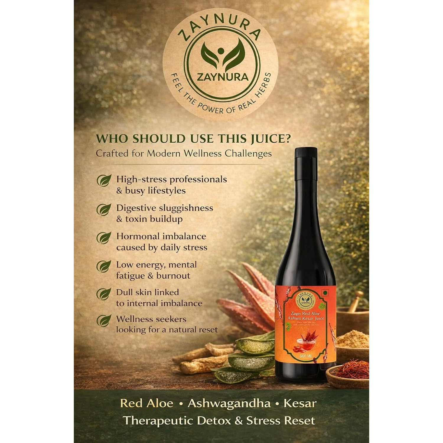 Zaynura Ayurveda Red Aloe Ashwa Kesar Juice | Rare Red Aloe Therapeutic Detox | Stress Relief & Metabolic Balance | Premium Herbal Wellness Juice | 900 ml