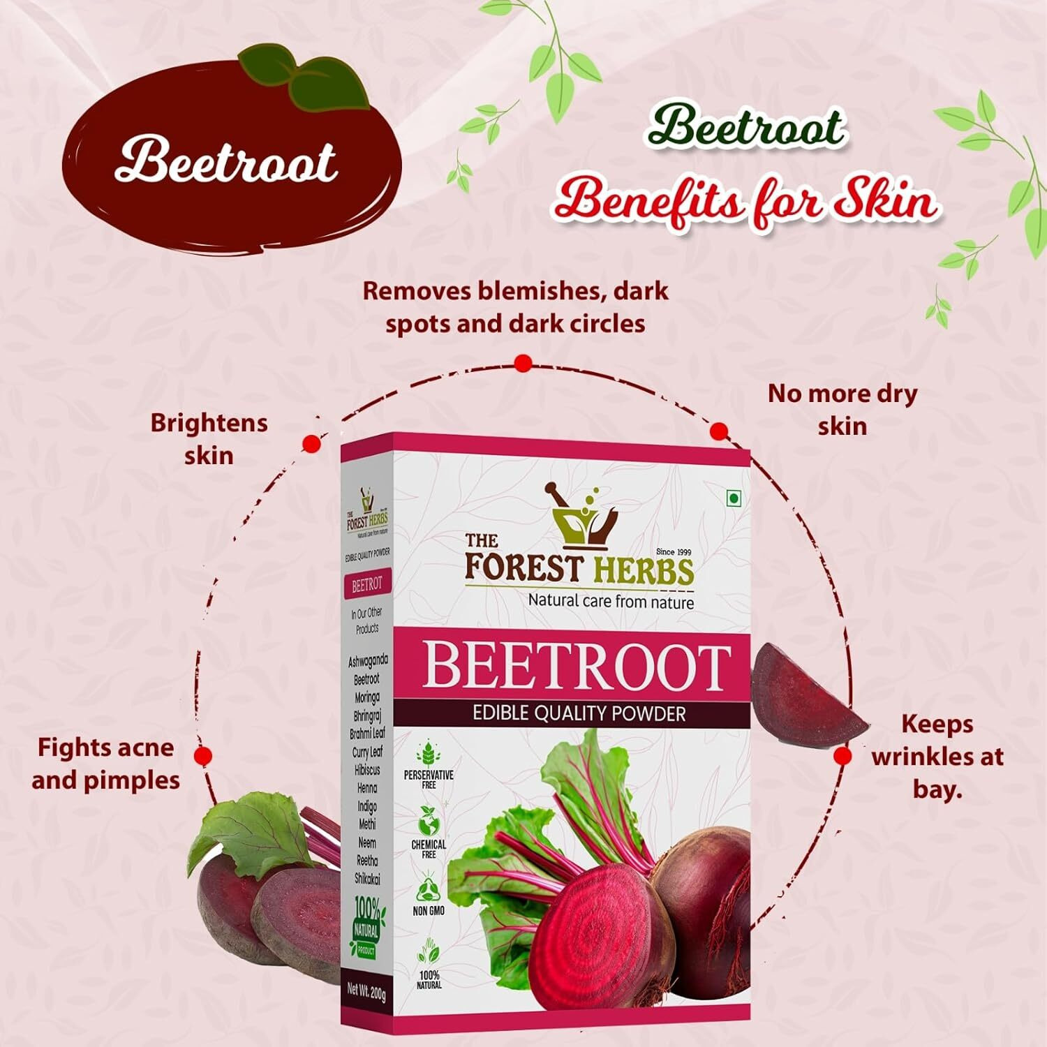 The Forest Herbs Natural Care From Nature Beetroot Powder 100gm for Face | Hair | Lips | Drinking | Glowing & Shiny Skin Face Pack