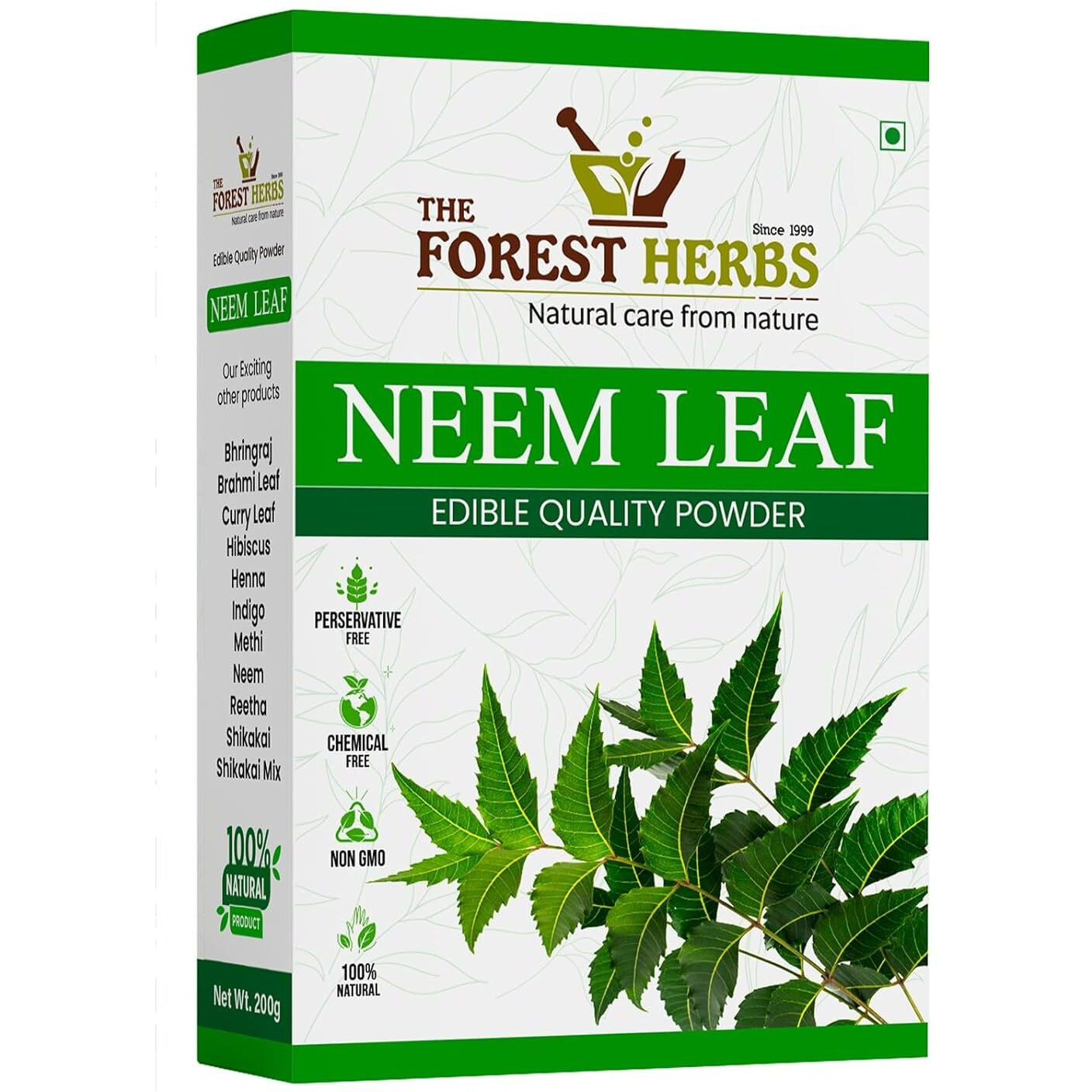 The Forest Herbs Natural Care From Nature Neem Leaves Powder 200 Grams (Sun Dried & Stemless) for Eating, Face, Skin and Hair Care Pack