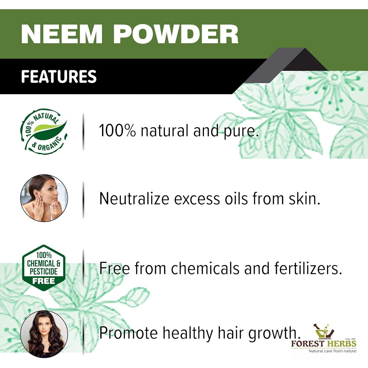 The Forest Herbs Natural Care From Nature Neem Leaves Powder 200 Grams (Sun Dried & Stemless) for Eating, Face, Skin and Hair Care Pack