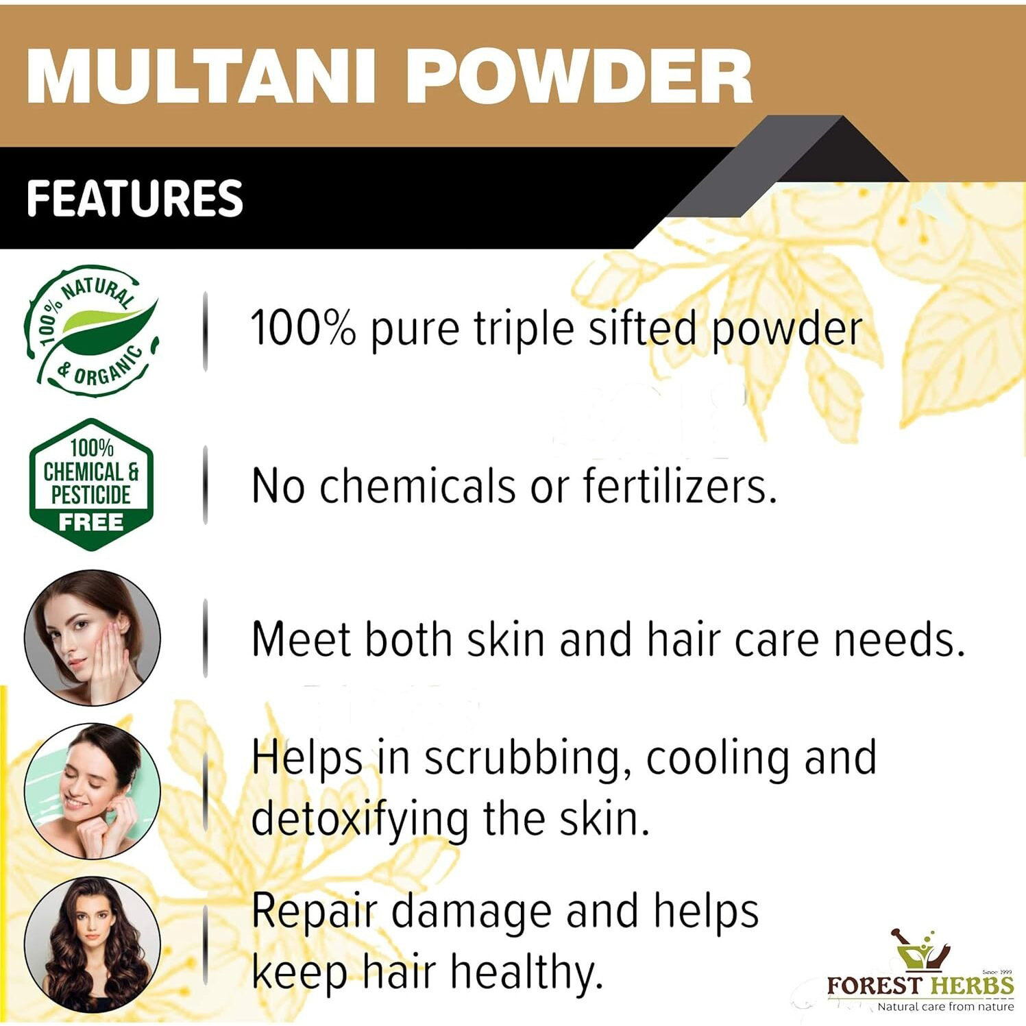 The Forest Herbs Natural Care From Nature 100% Pure Multani Mitti Powder for Face Pack (200G) for Exfoliating Soothing Nourishing Face, Skin & Hair