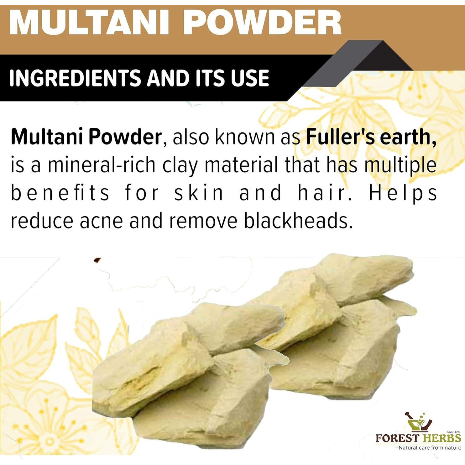 The Forest Herbs Natural Care From Nature 100% Pure Multani Mitti Powder for Face Pack (200G) for Exfoliating Soothing Nourishing Face, Skin & Hair