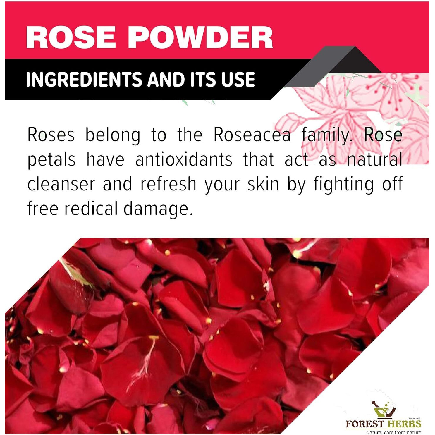 The Forest Herbs Natural Care From Nature Rose Petal Powder - 100g | Antioxidant Support To Revitalize Skin Health | 100% Pure & Natural | Rose Powder for Face Mask, Tanning & Glowing Skin