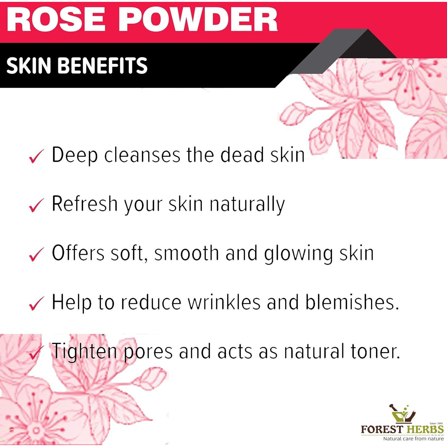 The Forest Herbs Natural Care From Nature Rose Petal Powder - 100g | Antioxidant Support To Revitalize Skin Health | 100% Pure & Natural | Rose Powder for Face Mask, Tanning & Glowing Skin