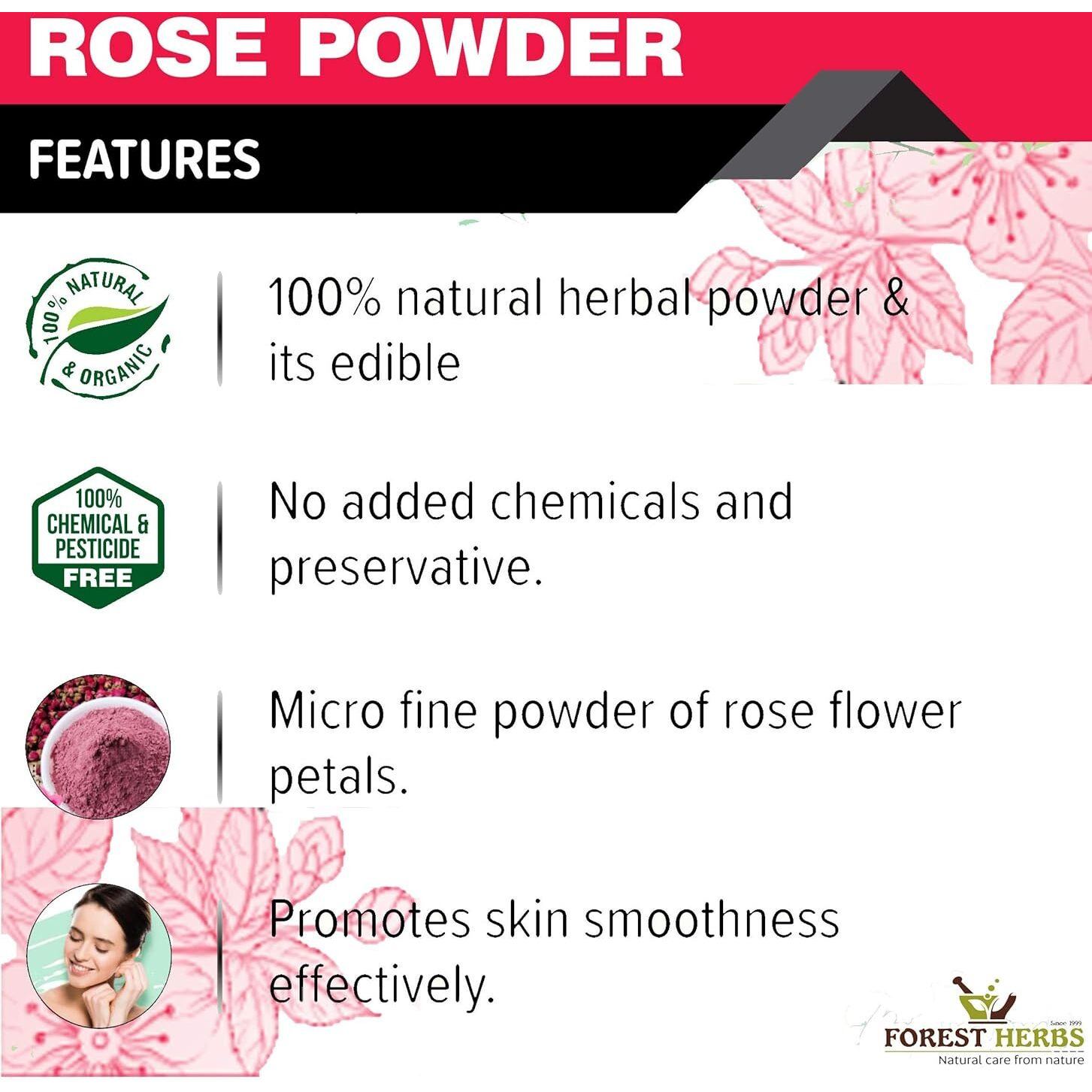 The Forest Herbs Natural Care From Nature Rose Petal Powder - 100g | Antioxidant Support To Revitalize Skin Health | 100% Pure & Natural | Rose Powder for Face Mask, Tanning & Glowing Skin
