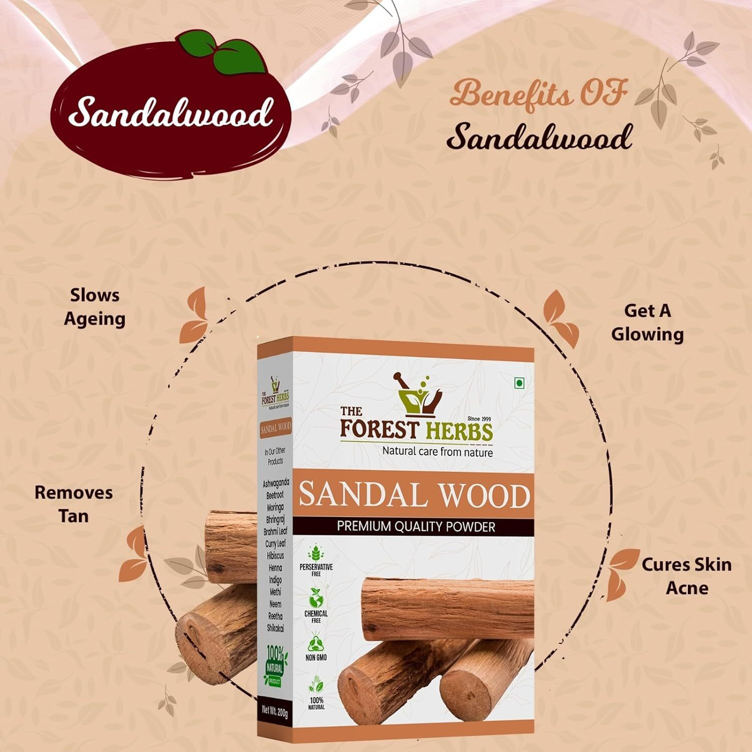 The Forest Herbs Natural Care From Nature Sandalwood Face Pack Powder 100 Grams |Chandan Powder (Face Glowing & Tan Removal Face Pack)