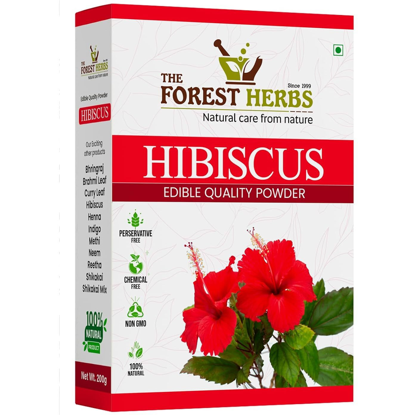 The Forest Herbs Natural Care From Nature Hibiscus Flower Powder 200g (Pack Of 1) | Ideal for Hair pack, Face pack, Eating, and Hibiscus tea | Gudhal Ka Phool Powder | 100% Pure and Natural, No Preservatives