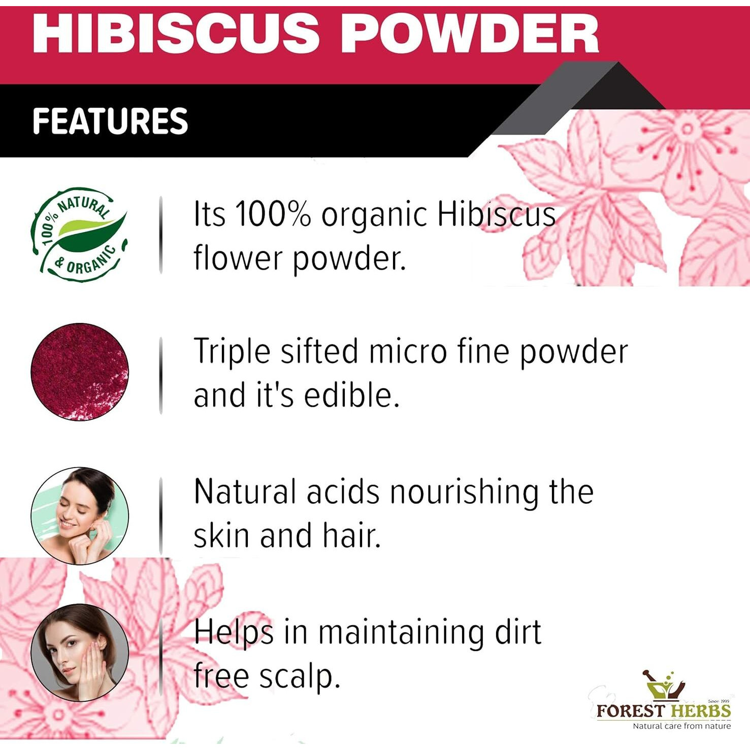 The Forest Herbs Natural Care From Nature Hibiscus Flower Powder 200g (Pack Of 1) | Ideal for Hair pack, Face pack, Eating, and Hibiscus tea | Gudhal Ka Phool Powder | 100% Pure and Natural, No Preservatives