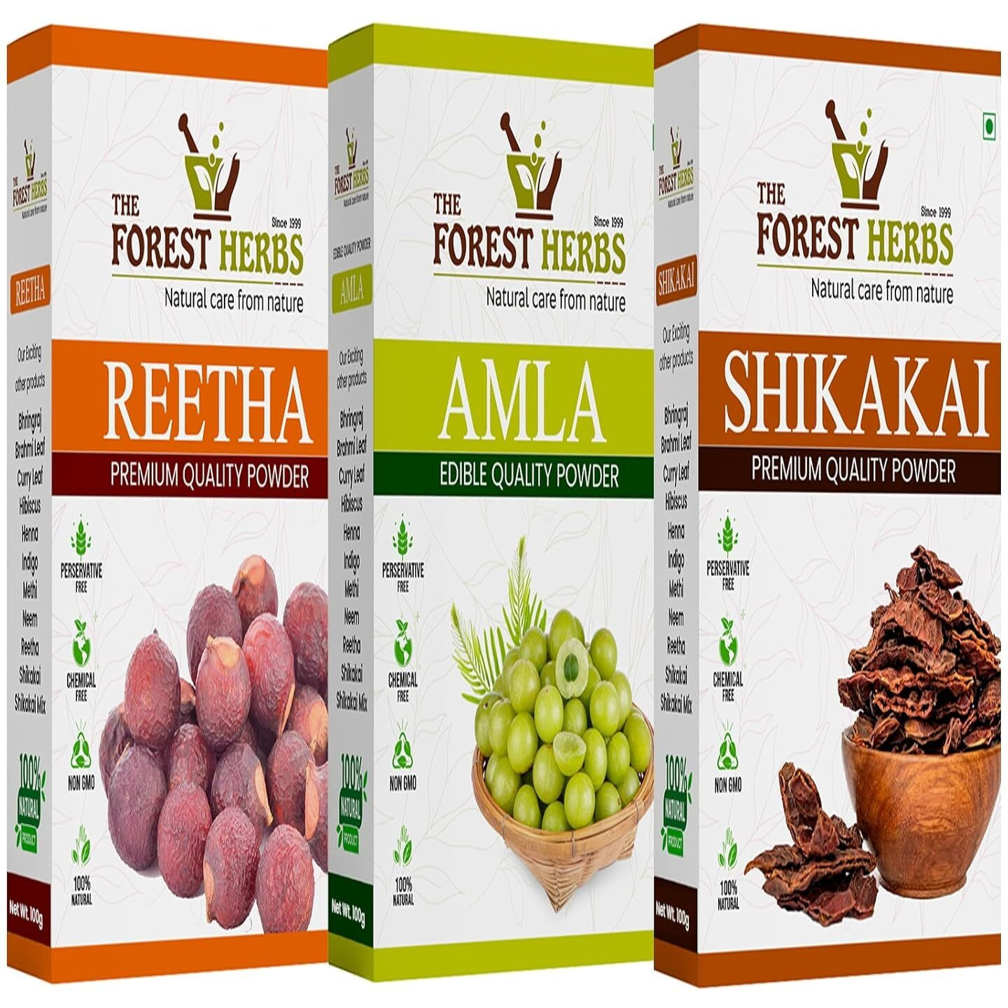 The Forest Herbs Natural Care From Nature 100% Natural Organic Amla, Reetha, Shikakai Powder For Hair Care For All Hair Type, 300G (Pack Of 3), 3 Count