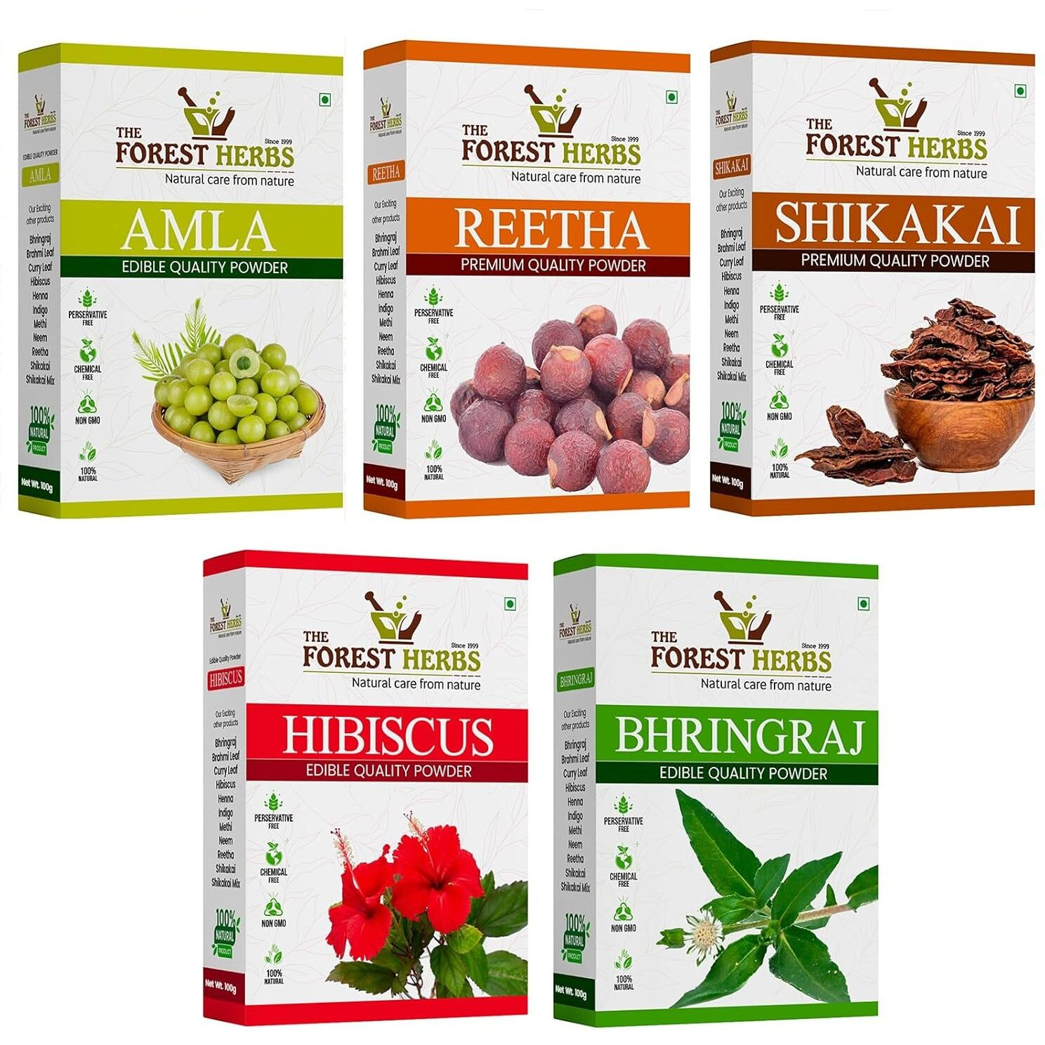 The Forest Herbs Natural Care From Nature Natural Organic Amla, Reetha, Shikakai, Bhringraj, Hibiscus Powder for All Hair Type, 100G Each, 5 Count
